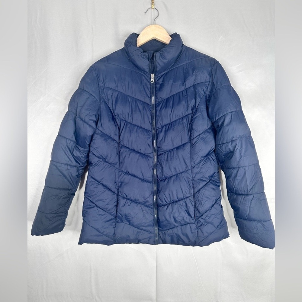 Time and Tru Womens Navy Blue Puffer Jacket Chevron Quilted Zip Up Small 4-6